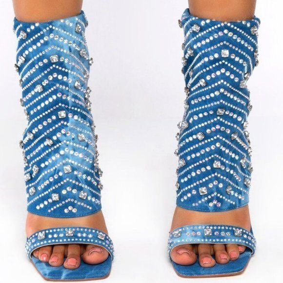 Callie Denim Diamond Drape: Bling Rhinestone Covered Stiletto Blue Jean Sandal - Picture 4 of 7